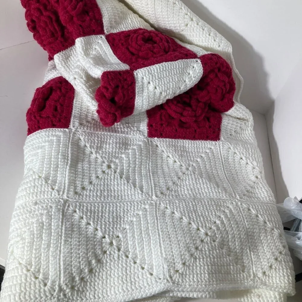 Handmade Crochet Blanket‎ White Red Flowers Square 64 x 64